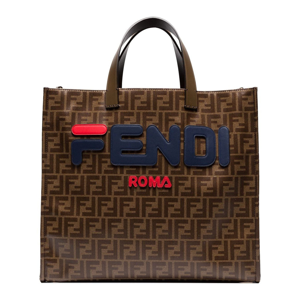 FENDI MANIA BROWN LOGO PRINT TOTE BAG