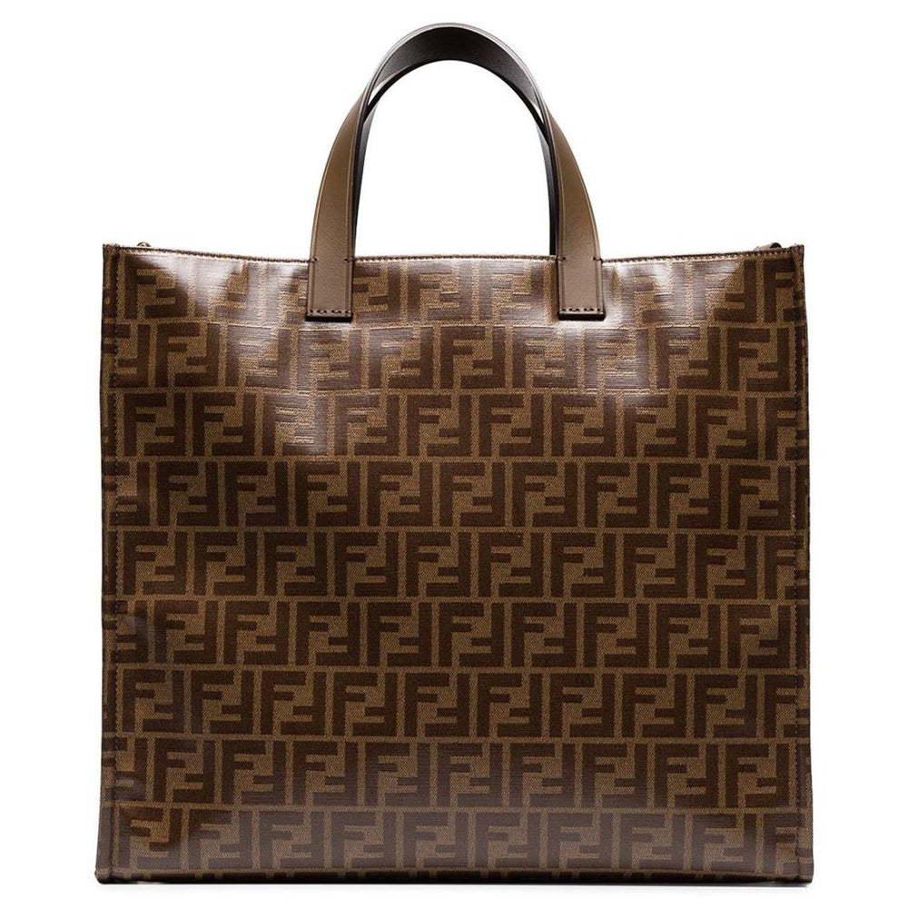 FENDI MANIA BROWN LOGO PRINT TOTE BAG