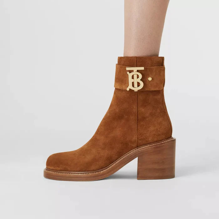 MONOGRAM MOTIF SUEDE BLOCK-HEEL BOOTS CHOCOLATE