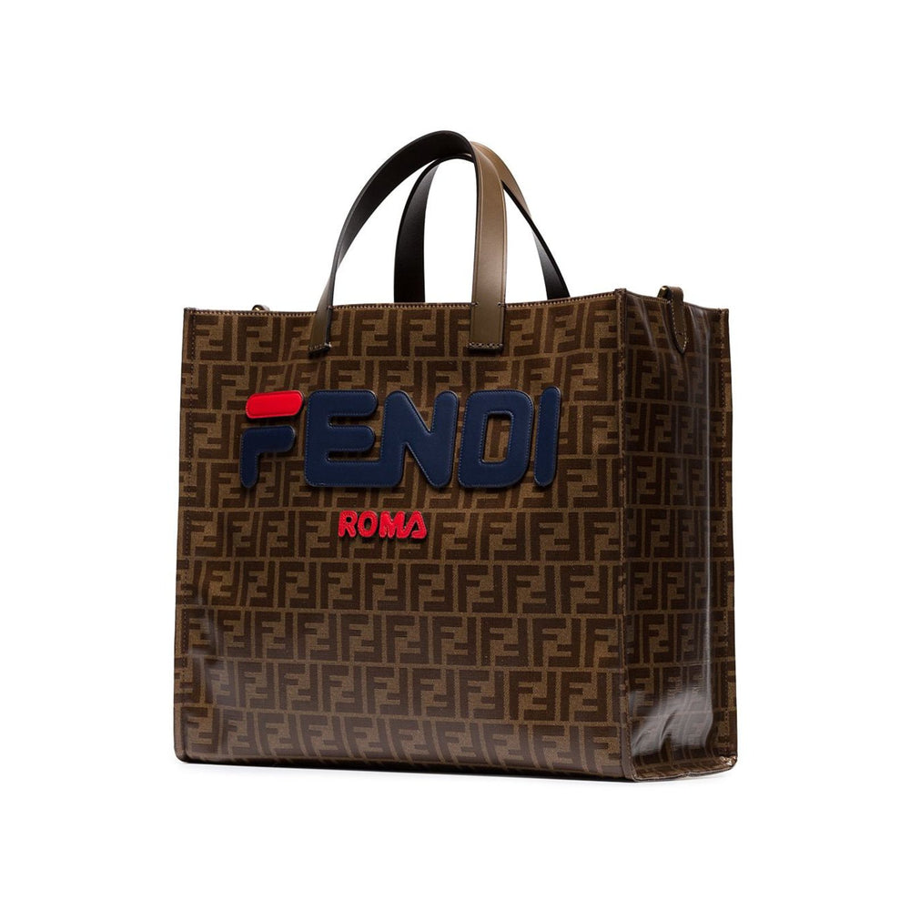 FENDI MANIA BROWN LOGO PRINT TOTE BAG