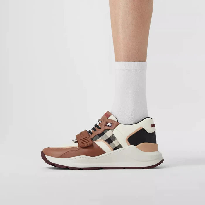 CHECK COTTON, NYLON AND LEATHER SNEAKERS WHITE/BIRCH BROWN