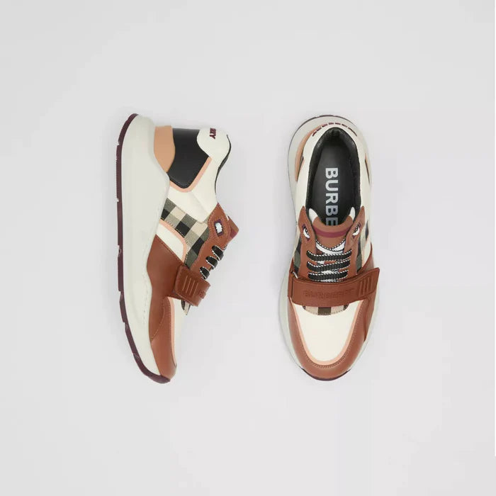 CHECK COTTON, NYLON AND LEATHER SNEAKERS WHITE/BIRCH BROWN