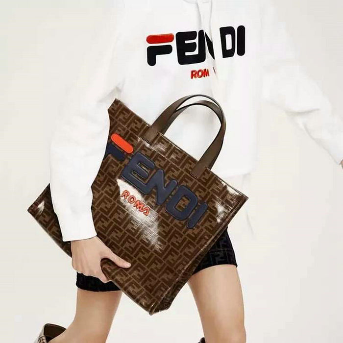 FENDI MANIA BROWN LOGO PRINT TOTE BAG