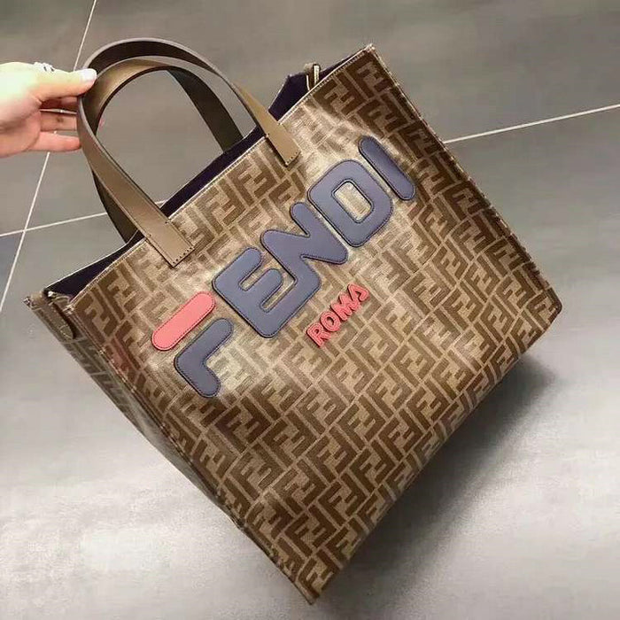 FENDI MANIA BROWN LOGO PRINT TOTE BAG