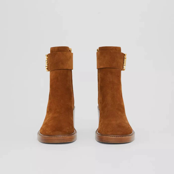 MONOGRAM MOTIF SUEDE BLOCK-HEEL BOOTS CHOCOLATE