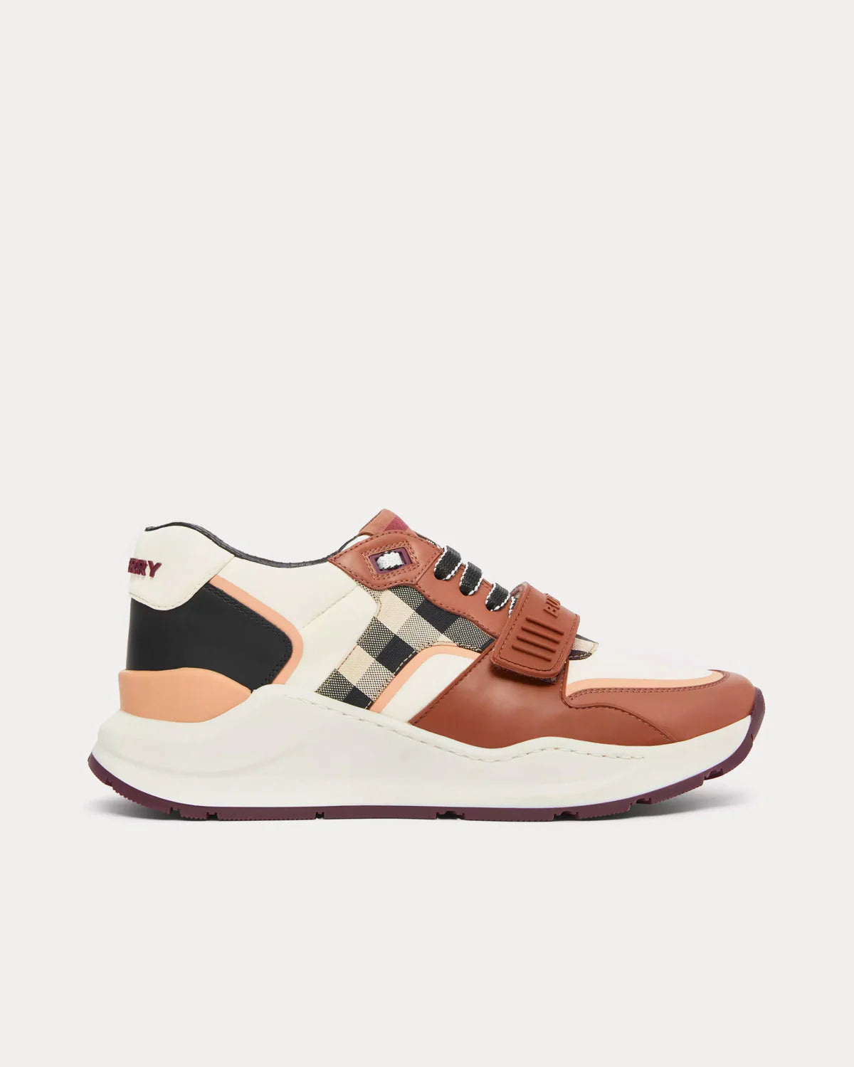 CHECK COTTON, NYLON AND LEATHER SNEAKERS WHITE/BIRCH BROWN