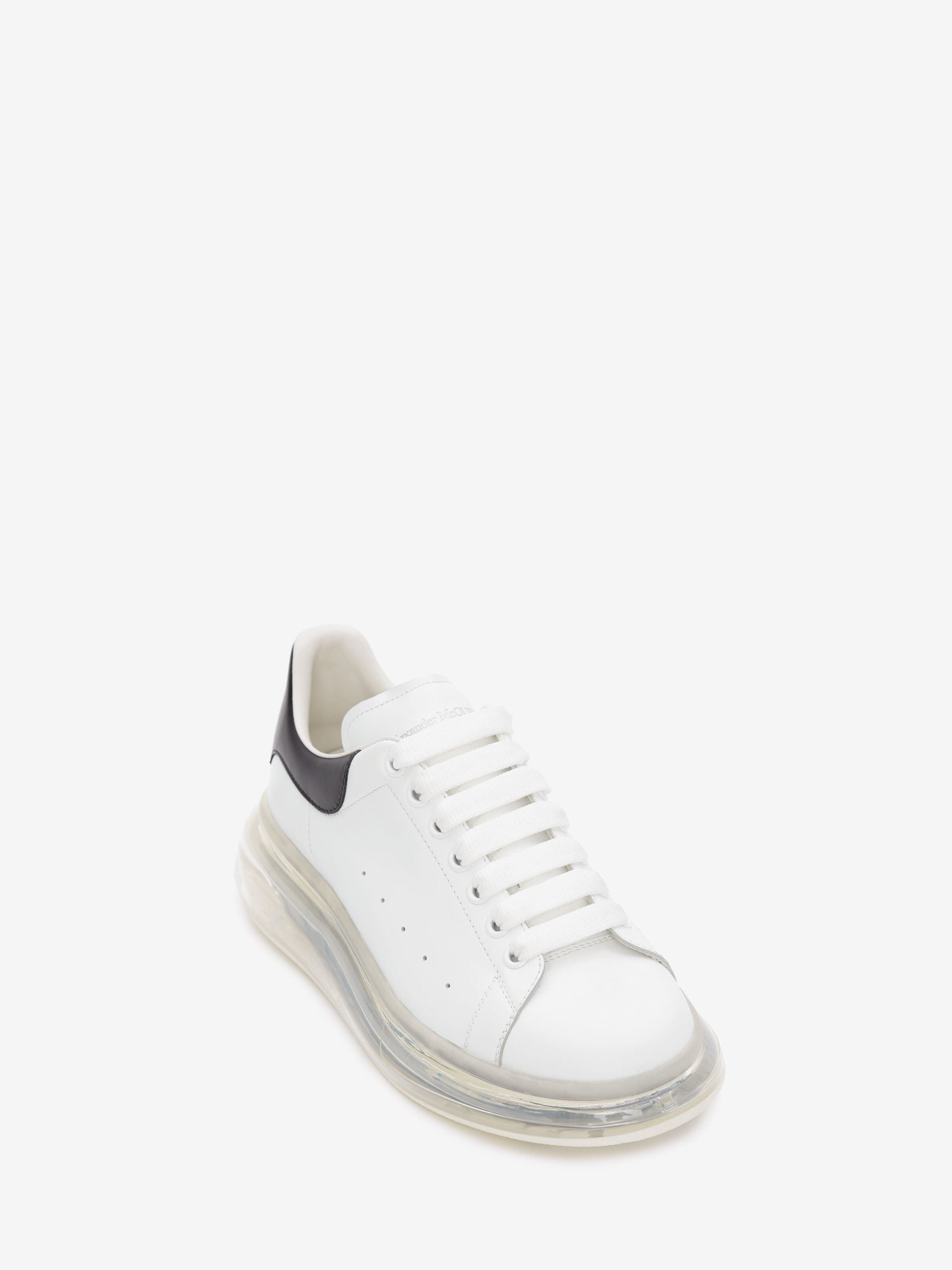 WHITE AND BLACK LEATHER AND CLEAR SOLE